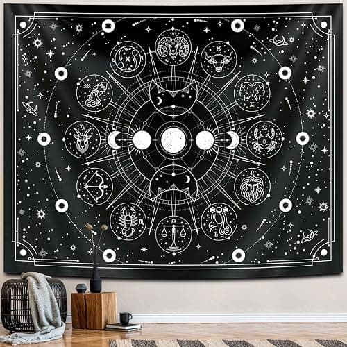 Sun Moon Zodiac Tapestry Wall Hanging, Stars Space Tarot Tapestries, Psychedelic Black and White Tapestry for Bedroom Aesthetic Home Wall Room Decor (Mysterious Zodiac 29x39 inches) - Image 1