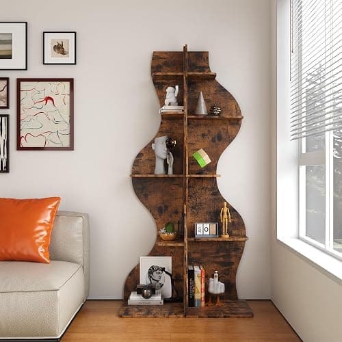 YOWOS Modern Corner Shelf, 5 Tier High Corner Bookshelf for Small Spaces, Scalloped Corner Bookshelf and Storage, Wooden Display Stand for Plants, Books and Decorations (Rustic) thumbnail 3