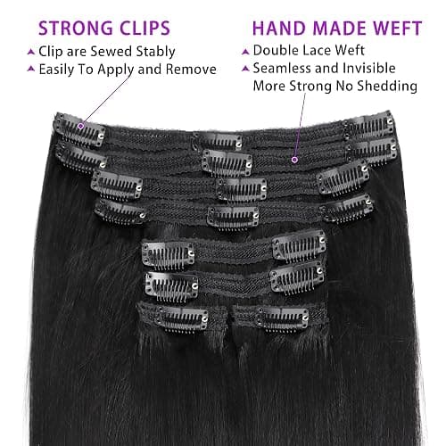 Mihugass Yaki Straight Clip Ins Real Human Hair For Black Women | #1B Natural Color, Clip Ins, Affordable, Natural Texture, Not Flat, Soft, Volume,Easy Install,Daily Wear,14 Inch thumbnail 2