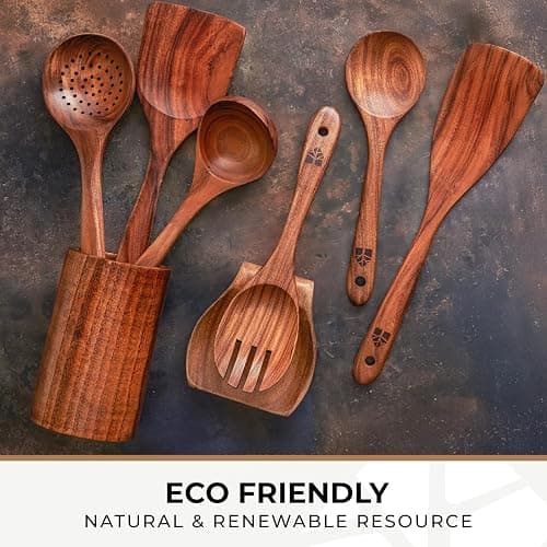Wooden Utensil Set 8 Pcs – Sturdy & Easy to Clean, Natural Teak Wooden Spoons for Cooking – Non-Scratch Cooking Utensils with Spatula, Turner, Ladle, Spoons, Holder, Spoon Rest, 6 Hooks Kitchen Gifts thumbnail 8
