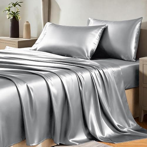 CozyLux Satin Sheets Full Size Sheets - 4 Piece Silky Full Size Bed Sheets, Luxury Light Grey Full Bed Set with Smooth and Soft Microfiber, Includes 1 Fitted Sheet, 1 Flat Sheet and 2 Pillowcases - Image 1