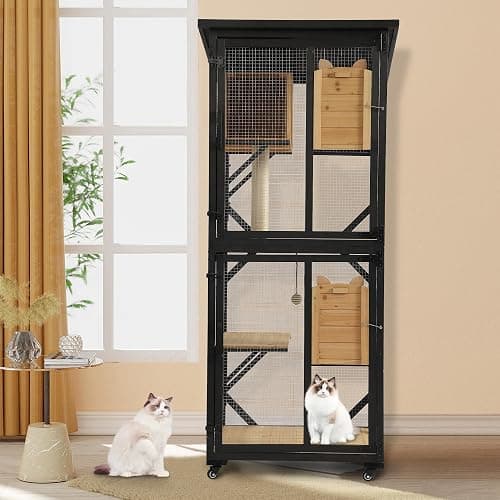 MAGIC UNION 71" Catio Outdoor Cat Enclosure Window Access, 4 Tiers Cats Playpen Catio with Wheels, Resting Box & Waterproof Roof, Indoor Large Cat House Cage with Scratching Post Sisal Ball (Black) thumbnail 4