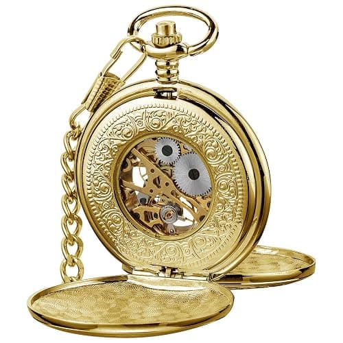 VIGOROSO Vintage Hand Wind Up Pocket Watches for Men, Mechanical Pocket Watch with Chain, Mens Skeleton Pocketwatch thumbnail 3