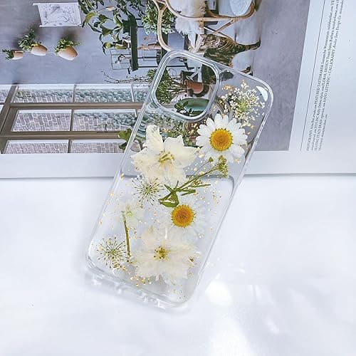 Abbery for iPhone 13 Mini/iPhone 12 Mini Clear Case with Real Pressed Flowers Design, Glitter&Sparkle Cute Dried White Floral Slim Soft TPU Protective Women Girl's Phone Cover - White Gold - for iPhone 12 Mini/iPhone 13 Mini thumbnail 2