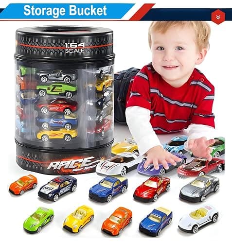 25 Piece Diecast Cars Pack Toy Playset in Storage Carrying Tub - 1:64 Scale Metal Alloy Die-cast Vehicles Collection for Kids thumbnail 6