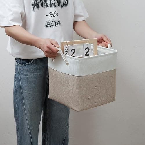 MidmmVick 11 x 11 Inch Cube Storage Bins, 6 Pack Large Collapsible Fabric Storage Bin with Ropes, Foldable Storage Cubes for Home, Office,Closet, Clothes, Toys Organizer (White & Beige-11"x11"x11") thumbnail 6