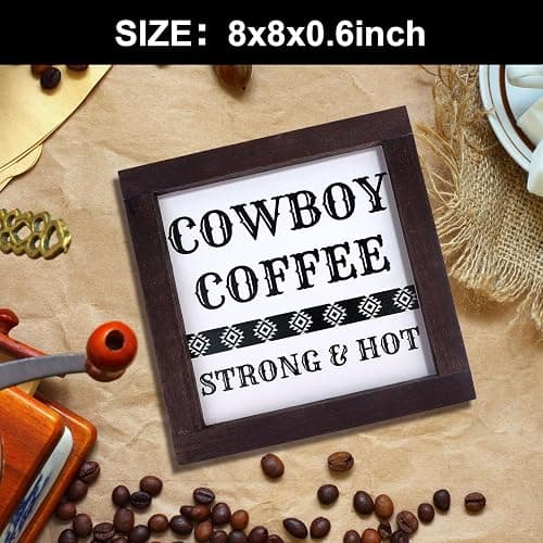 Nichake Framed Western Kitchen Decor, Cowboy Coffee Strong & Hot Wooden Sign, Farmhouse Coffee Bar Decor for Tiered Tray thumbnail 7