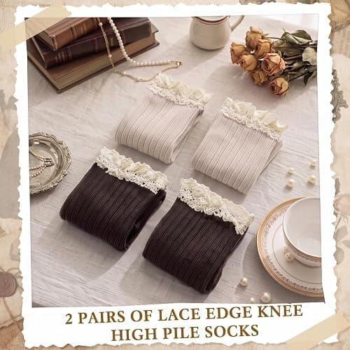 Syhood Cotton Women thigh high socks with Lace Trim over the knee High Socks Boutique Lace Tall Boot Stockings for Women thumbnail 7