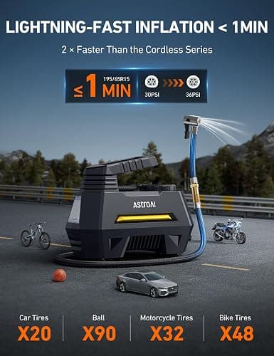 AstroAI AIRUN H Tire Inflator Portable Air Compressor,Fast Inflation Electric Air Pump for Car Tires-Car Accessories,9.8Ft Cord-12VDC-Powered Auto Shut-Off with Digital Pressure Gauge,LED Light,Yellow thumbnail 3