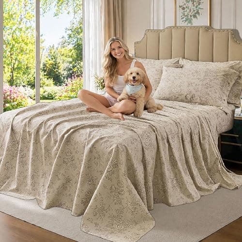 FADFAY Luxury 100% Cotton Percale King Sheet Set – 4-Piece Vintage Botanical Floral Bedding, Hotel-Quality Crisp & Breathable Sheets, Deep Pocket Fitted Sheet, Elegant French Country Cottage Style thumbnail 3