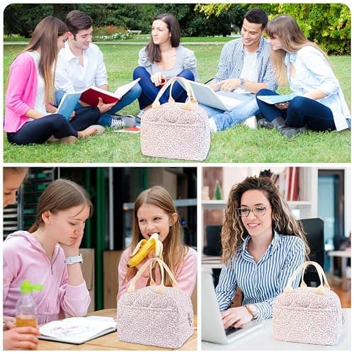 Cotton Quilted Insulated Lunch Bag, Cute Quilted Floral Lunch Tote Bags Reusable Insulated Lunch Box Coquette Aesthetic Large Capacity Insulated Cooler for Women Work Travel Picnic (Pink) - Pink thumbnail 7