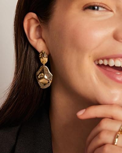 PAVOI 14K Gold Plated 925 Sterling Silver Posts Teardrop Statement Dangle Earrings | Lightweight Hammered Drop Dangle Earrings for Women thumbnail 2
