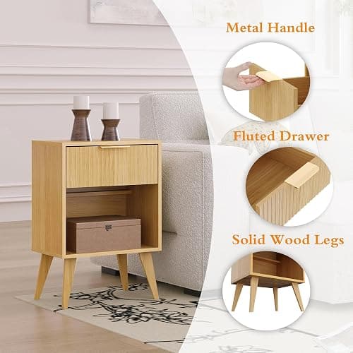Fluted Night Stand with Opening Storage,Mid Century Bedside Table with Drawer,Wood Nightstand with Solid Wood Legs,End Table Side Table for Living Room,Bedroom,Natural CAACTG56Y thumbnail 5