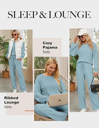 Blooming Jelly Womens Lounge Set Cute Long Sleeve Pajama Sets Casual 2 Piece Pj Outfit Fall Sleepwear Pockets - Medium - Light Blue thumbnail 4