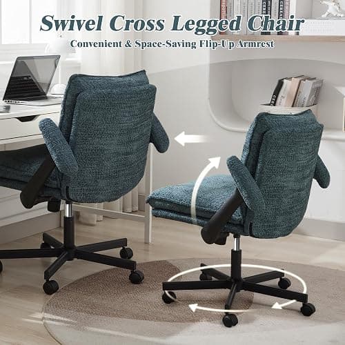 Kassipo Cross Legged Office Chair, Upholstered Criss Cross Desk Chair with Wheels and Flip-Up Armrests, Wide Seat Chair for Home Office, Vanity, Apartment, Dark Green - Green thumbnail 3