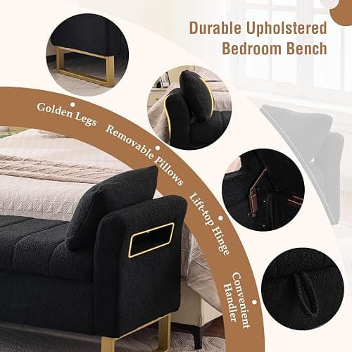 66" Storage Bench for Bedroom Upholstered End of Bed Bench King Size Black | Long Bedroom Benches for Foot of Bed King,Teddy Storage Bed Bench with Gold Legs,2 Pillows for Entryway Windows Cloakroom thumbnail 4