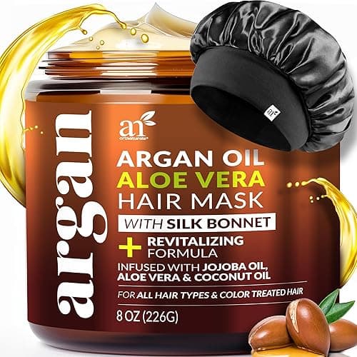 Hair Mask + Silk Bonnet for Sleeping Women Set - Deep Conditioner & Leave-In Conditioner for Dry, Damaged Hair - Argan Oil, Jojoba, Aloe & Keratin - Satin Bonnet for Sleeping, Repair & Hydrate (8 oz) - 8 Fl Oz (Pack of 1) - Argan Oil