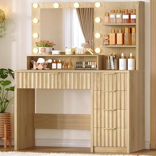 FIONESO Vanity Desk with Mirror and Lights, Makeup Vanity with 5 Drawers & Storage Shelves, 3 Color Modes & Adjustable Brightness, Fluted Vanity for Girls, Natural - Image 1