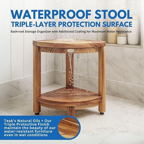 DecoTeak Teak Corner Shower Shelf – 2 Tier Waterproof Bathroom Storage Organizer Compact Wood Storage | Water-Resistant Design | Space Saver for Showers & Small Bathrooms | Shaving Foot Rest thumbnail 7