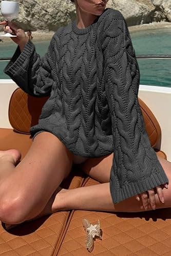 Cicy Bell Womens Oversized Cable Knit Sweaters Long Sleeve Crewneck Chunky Loose Fit Pullover Tops thumbnail 7