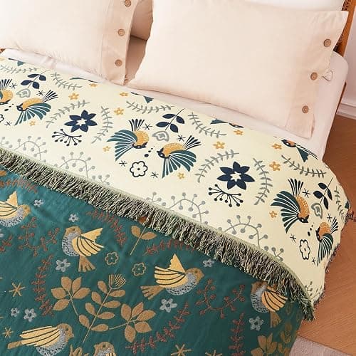 Boho Throw Blanket for Bed 100% Cotton Ultra Soft Rustic Quilt Queen Blanket Bird Floral Printed Farmhouse Decor Large Fall Bed Blankets,90"×98" All Season Rustic Throw for Sofa Couch Chair thumbnail 8