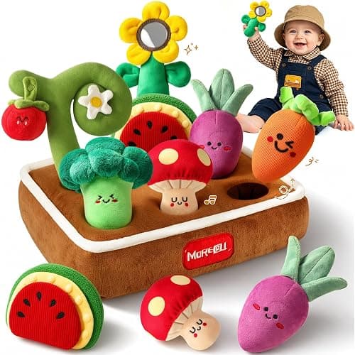 MORECOLL Fruit & Veggie Baby Sensory Plush Set, Baby Toys 6-12 Months, Garden Plush Toys with Rattle, Crinkle, Squeak, Mirror, Pull, Match & Plant Play, Montessori Baby Gift for Boys Girl Infant - Image 1