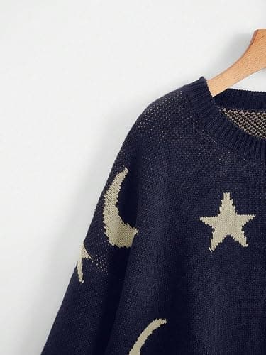 WDIRARA Women's Star Moon Print Long Sleeve Sweater Round Neck Pullover Top | Knitted,Comfortable, Soft,Cute thumbnail 2