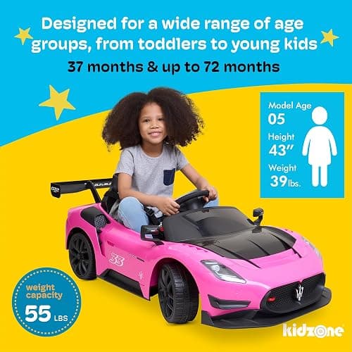 Kidzone 12V Ride On Car for Kids,Licensed Maserati GT2 Electric Battery Powered Sports Car Toy w/Remote Control & Manual Drive, LED Lights, Bluetooth & USB & AUX Port - Pink thumbnail 6