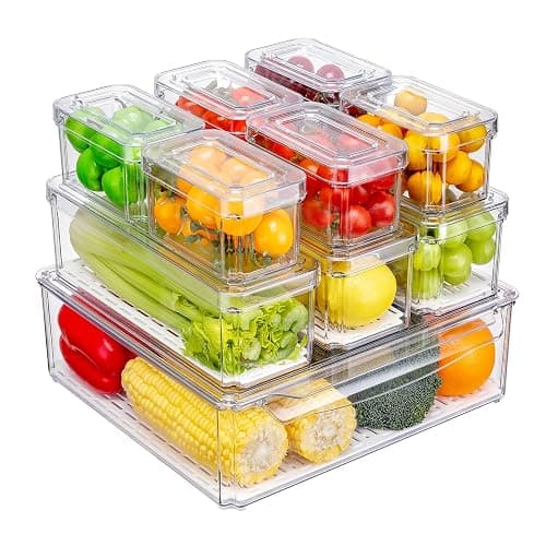 Pure Future 10-Pack Fridge Organizers and Storage with Lids - Clear Plastic Refrigerator Bins with Drain Trays - Stackable Produce Saver for Fruit, Veggies and Pantry, BPA-Free - Image 1