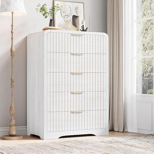 Jocoevol 5 Drawer Dresser for Bedroom, Tall Chest of Drawers, Fluted Wood Dresser with Curved Profile Design, Modern Vertical Storage Dresser for Living Room, White Dresser thumbnail 3