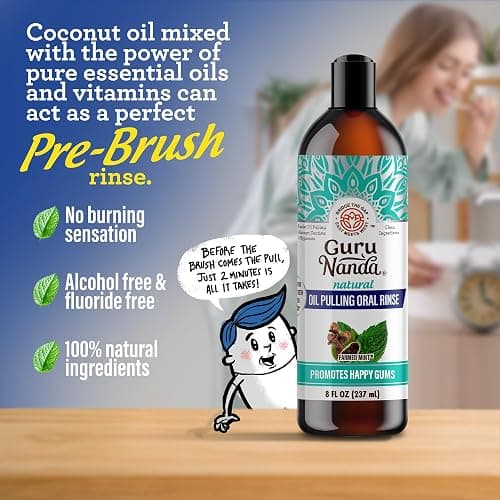GuruNanda CocoMint Oil Pulling Mouthwash for Complete Oral Hygiene, 7 Essential Oils & Vitamins for Happy Teeth & Gums & Fresh Breath , Alcohol-Free, 8 oz thumbnail 3