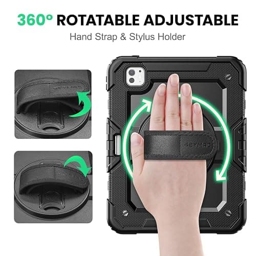 SEYMAC for iPad Pro 11 Inch Case M5 2025 / M4 2024, Heavy Duty Shockproof Protective Case with Screen Protector, 360° Rotating Stand, Hand/Shoulder Strap and Pen Holder, Black thumbnail 3