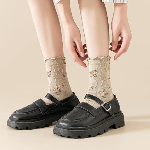 bropapa Womens Ruffle Crew Socks Vintage Patterned Ankle Casual Fashion Dress Sock Cute Lettuce Floral Socks 5/6 Pack thumbnail 9