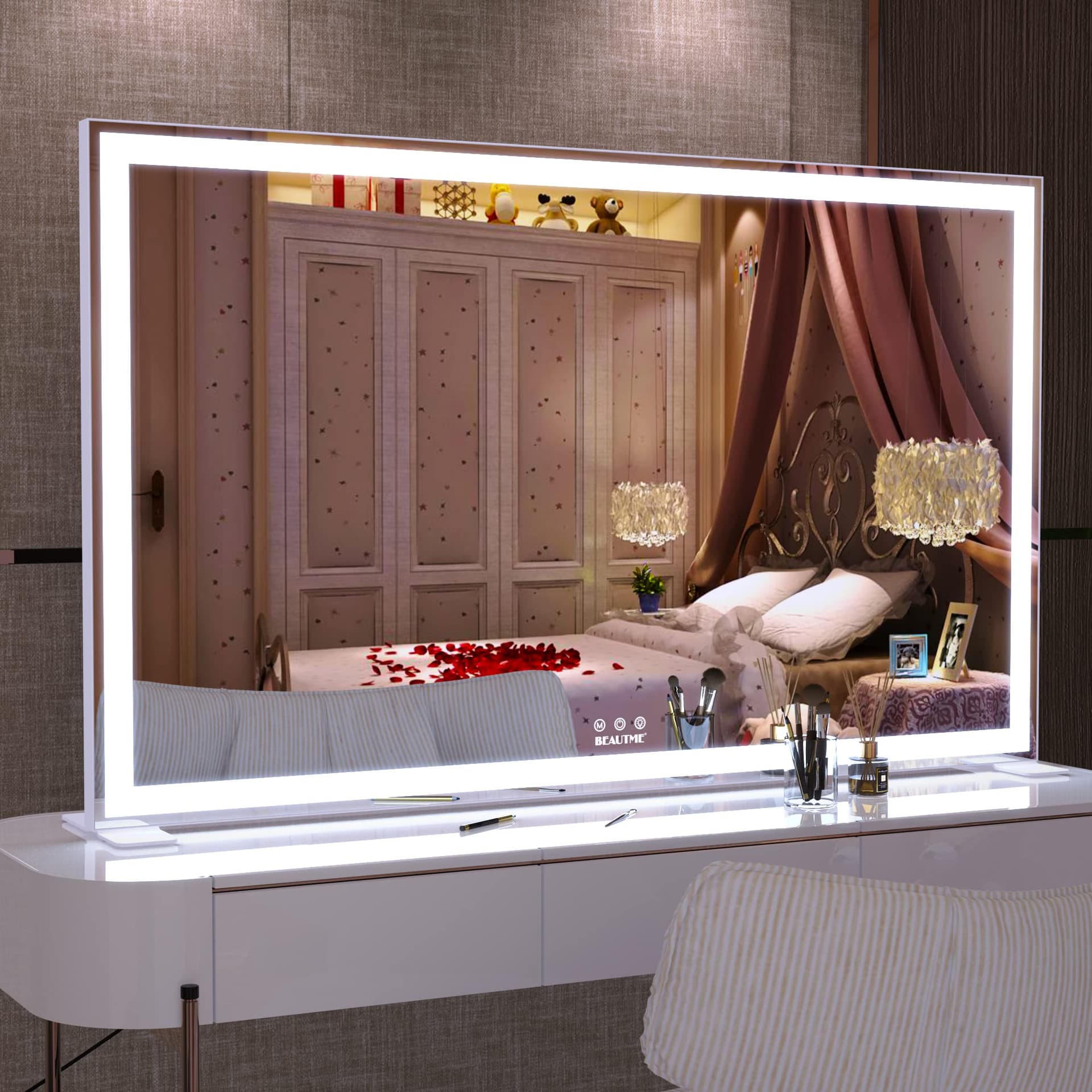 Vanity Mirror with Lights, Lighted Makeup Miror with Adjustable LED Light, Light up Mirror for Makeup Touch Control 3 Colors, 101.6 * 61.8cm, White - Image 1