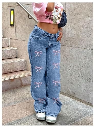 SweatyRocks Women's Casual Straight Leg Jeans Bow Embroidery High Waist Denim Pants with Pockets thumbnail 5