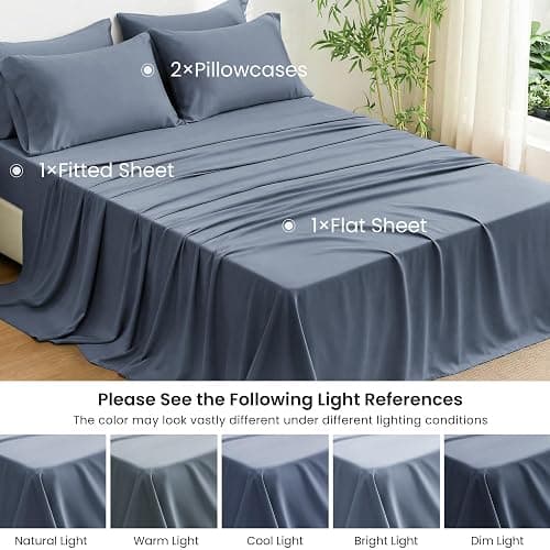 Love's cabin 4 Piece Full Size Sheet Set, 100% Rayon Derived from Bamboo, Cooling & Breathable, Soft Silky Deep Pocket up to 16", Hotel Luxury Bedding for Hot Sleepers, Bluish Grey thumbnail 7