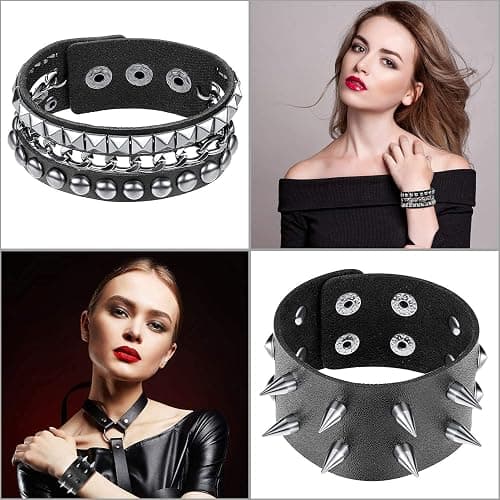 Hicarer 6 Pcs Spiked Studded Bracelets Punk Leather Rivets Bracelet Cuff for Men Women Halloween Accessories thumbnail 5