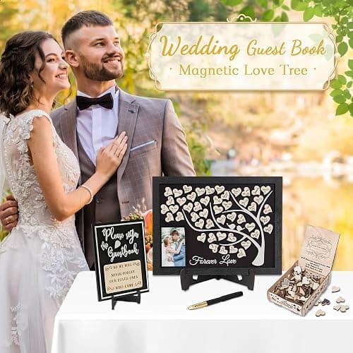 JUSGODA Magnetic Wedding Guest Book Alternative, Guest Book Wedding Reception, Wooden Wedding Guest Book with Picture Frame, 70PCS Wooden Hearts for Wedding, Anniversary, Indoor and Outdoor Ceremony thumbnail 2