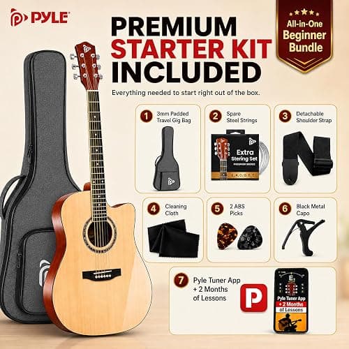 Pyle Beginner Acoustic Guitar Kit - Full Size 41” Cutaway Dreadnought Natural Matte Finish w/ Upgraded Gig Bag, Tuner, Steel Strings, Picks, Strap, Capo, For Beginners/Adults - (Natural, Premium Kit) thumbnail 6