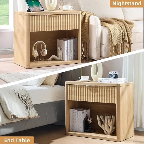 LEYAOYAO 31" Wide Fluted Nightstand with Charging Station, Oversized Extra Large 1 Drawer Night Stand with Golden Handle, Natural Wood Bedside Table Tall End Tables,for Bedroom, Living Room, Hallway thumbnail 9