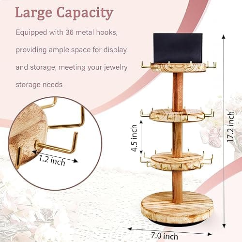 FoToxi 3 Tier Bracelet Holder,Wooden Rotating Bracelet Display Stand with 36 Hooks and Tray,360°Rotating Jewelry Holder Organzier for Bracelet, KeyChain, Necklace, Jewelr thumbnail 4