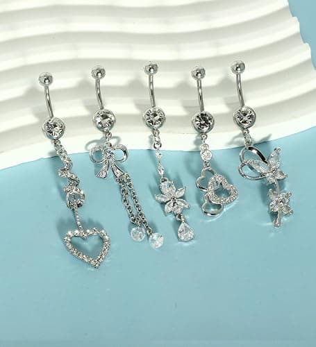 TIANCI FBYJS 14G Women Belly Button Rings Surgical Stainless Steel Dangle Belly Rings 10mm Belly Bar Body Piercing Navel Jewelry Butterfly Heart Flower Dangling Silver Gold Belly Piercings 11pcs thumbnail 6
