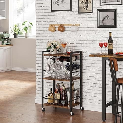 TUTOTAK Bar Cart with Wheels, Mini Drink Cart with Wine Rack & Glass Holder | 3-Tier 17 Inch Wide Home Bar Serving Carts, Small Mobile Kitchen Shelf with 6 Hooks, Rustic Brown BC01BB035 thumbnail 3
