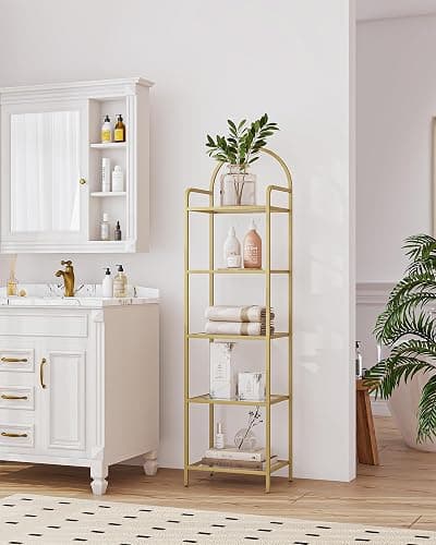 Hzuaneri 5 Tier Bookcase Bookshelf, Tempered Glass Bookshelves, Slim Shelving Unit for Bedroom, Bathroom, Home Office, Steel Frame, Gold BC05001G thumbnail 8
