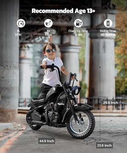 ELEMARA Electric Dirt Bike, 15 mph & 150lb Max, 24V Ride on Toy for Big Kids w/LED Lights & Power Display, Chain-Driven Motor, Twist-Grip Throttle, Shock Springs, Handbrake, 12" Air-Filled Tires-Black thumbnail 3