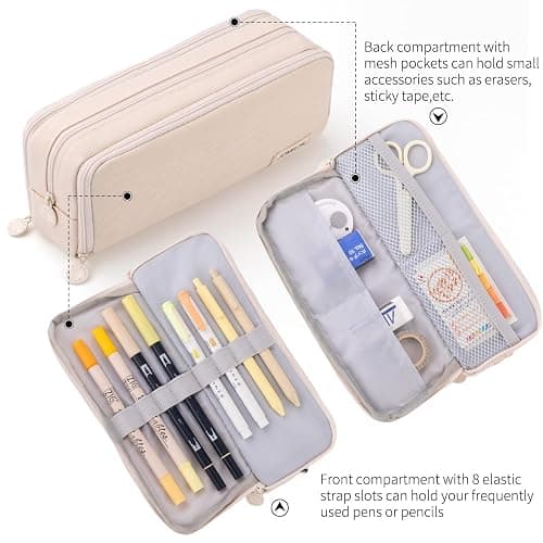 CICIMELON Large Capacity Pencil Case 3 Compartment Pouch Pen Bag for School Teen Girl Boy Men Women (Beige) thumbnail 3