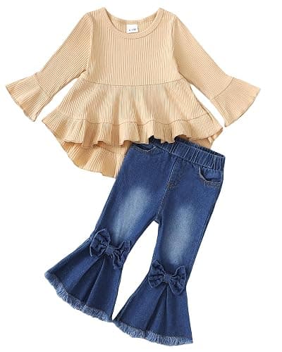 Kucnuzki Toddler Baby Girls Clothes Long Sleeve Shirt Top Flare Denim Jeans Cute Outfit Baby Girl Fall Winter Clothes - Image 1