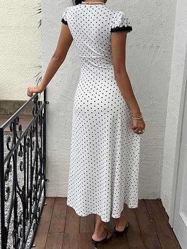 Milumia Women's Polka Dots Lace Trim Deep V Neck Dress Short Sleeve Flared Long Dresses thumbnail 2