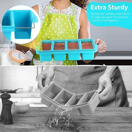 Ztomine Silicone Freezer Tray With Lid - Silicone Freezer Food Molds- Large Ice Cube Tray,Silicone Freezer Container,Freeze & Store Soup, Sauce, Broth,Leftovers - Makes 4 Perfect 1 Cup thumbnail 5