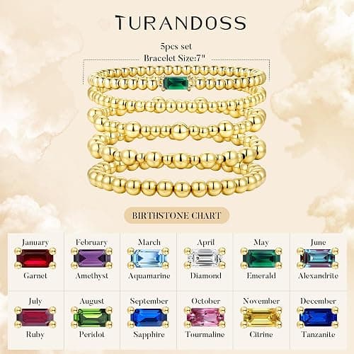 Turandoss 5PCS Birthstone Bracelets for Women, Dainty Layered Emerald 14K Gold Plated Beaded Birthstone Bracelets Set Trendy Waterproof Stackable Jewelry Birthday Christmas Gifts for Women Girls thumbnail 5